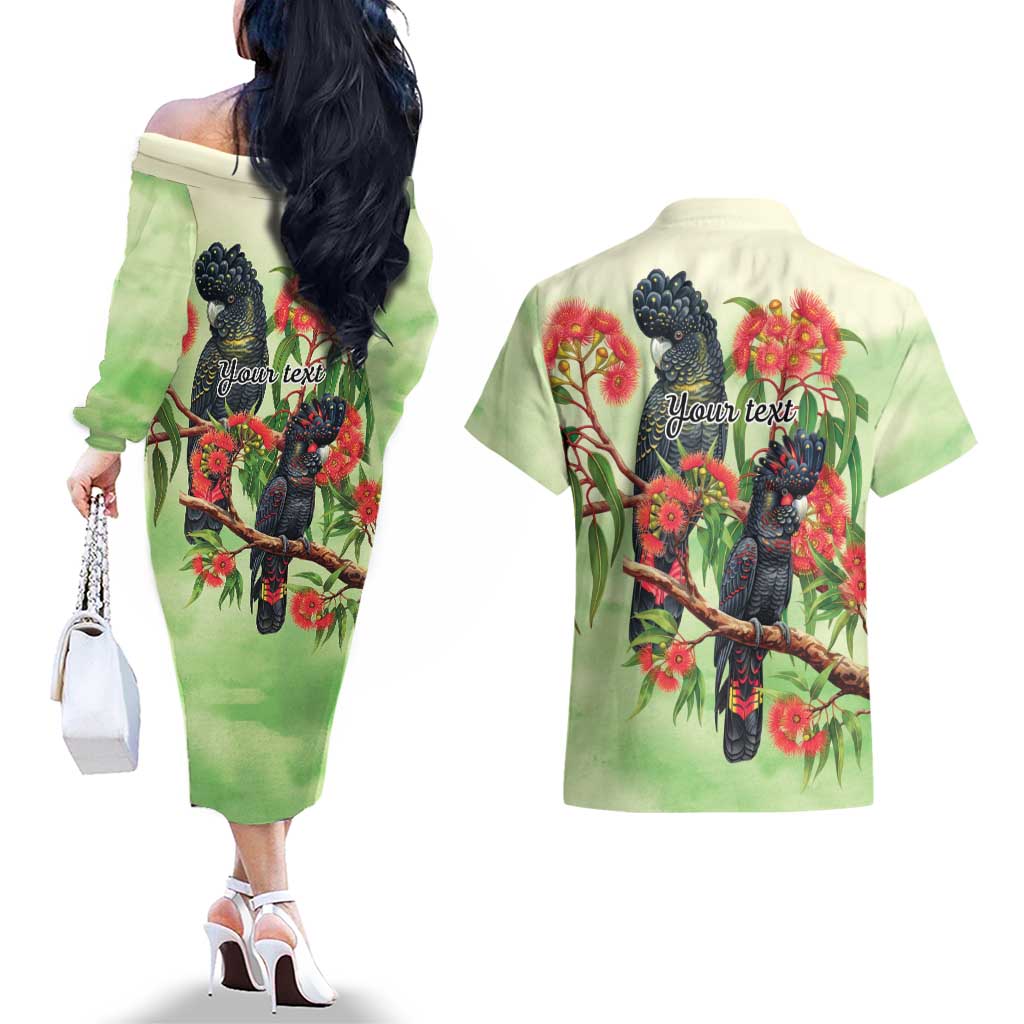 Australia Black Cockatoo and Eucalyptus Couples Matching Off The Shoulder Long Sleeve Dress and Hawaiian Shirt Green Spirit of Aussie Native Bird - Aussie Hoodie