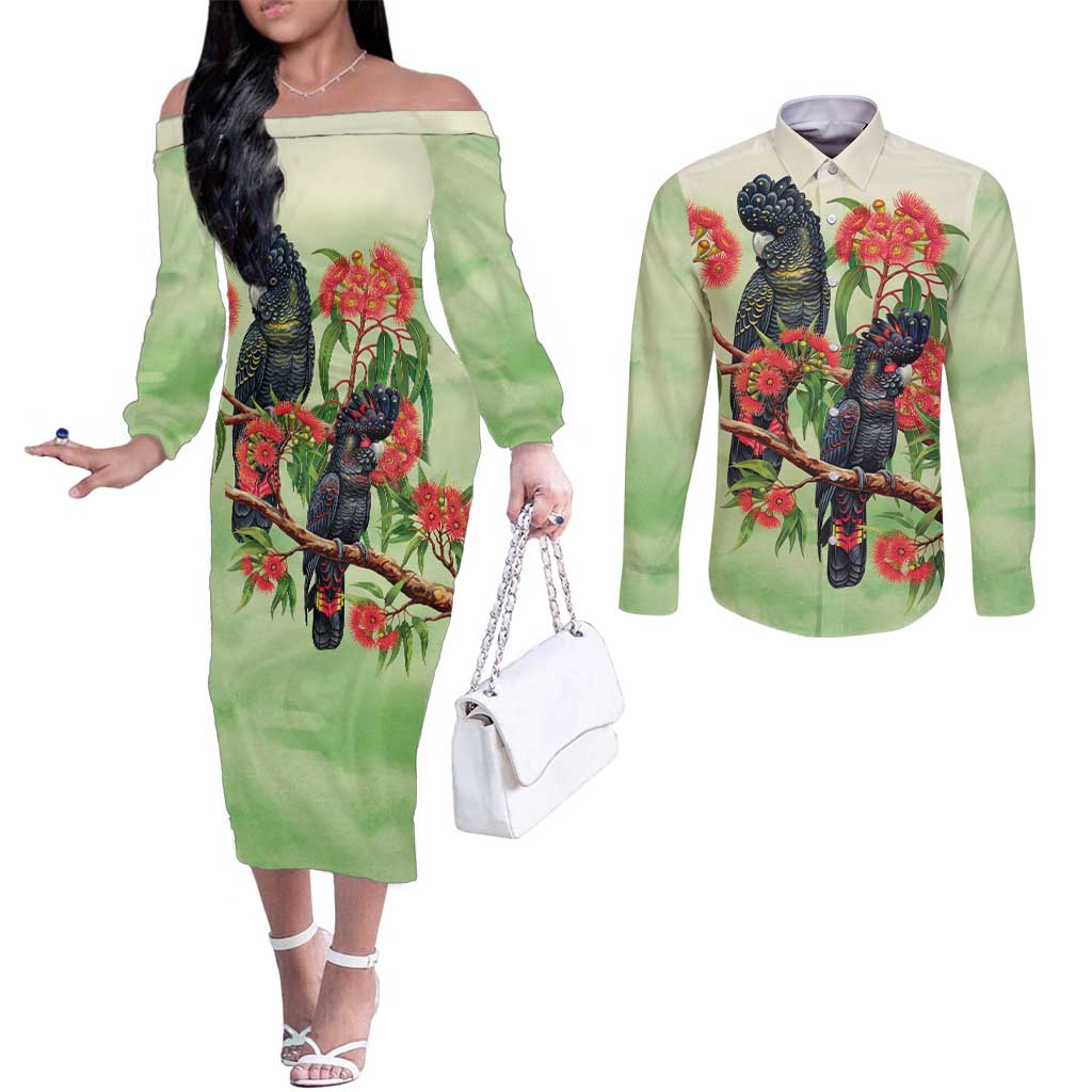 Australia Black Cockatoo and Eucalyptus Couples Matching Off The Shoulder Long Sleeve Dress and Long Sleeve Button Shirt Green Spirit of Aussie Native Bird - Aussie Hoodie