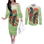 Australia Black Cockatoo and Eucalyptus Couples Matching Off The Shoulder Long Sleeve Dress and Long Sleeve Button Shirt Green Spirit of Aussie Native Bird - Aussie Hoodie