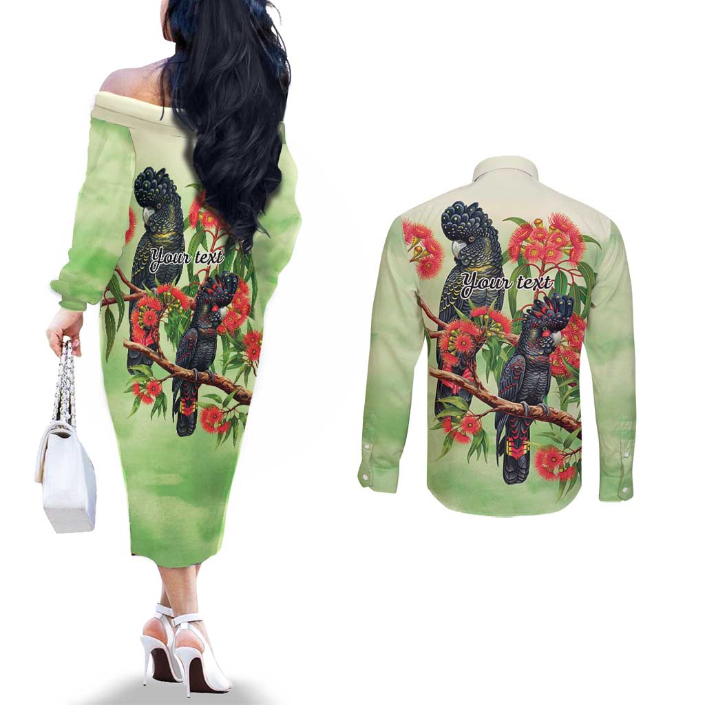 Australia Black Cockatoo and Eucalyptus Couples Matching Off The Shoulder Long Sleeve Dress and Long Sleeve Button Shirt Green Spirit of Aussie Native Bird - Aussie Hoodie