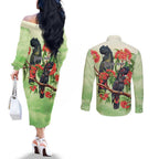 Australia Black Cockatoo and Eucalyptus Couples Matching Off The Shoulder Long Sleeve Dress and Long Sleeve Button Shirt Green Spirit of Aussie Native Bird - Aussie Hoodie