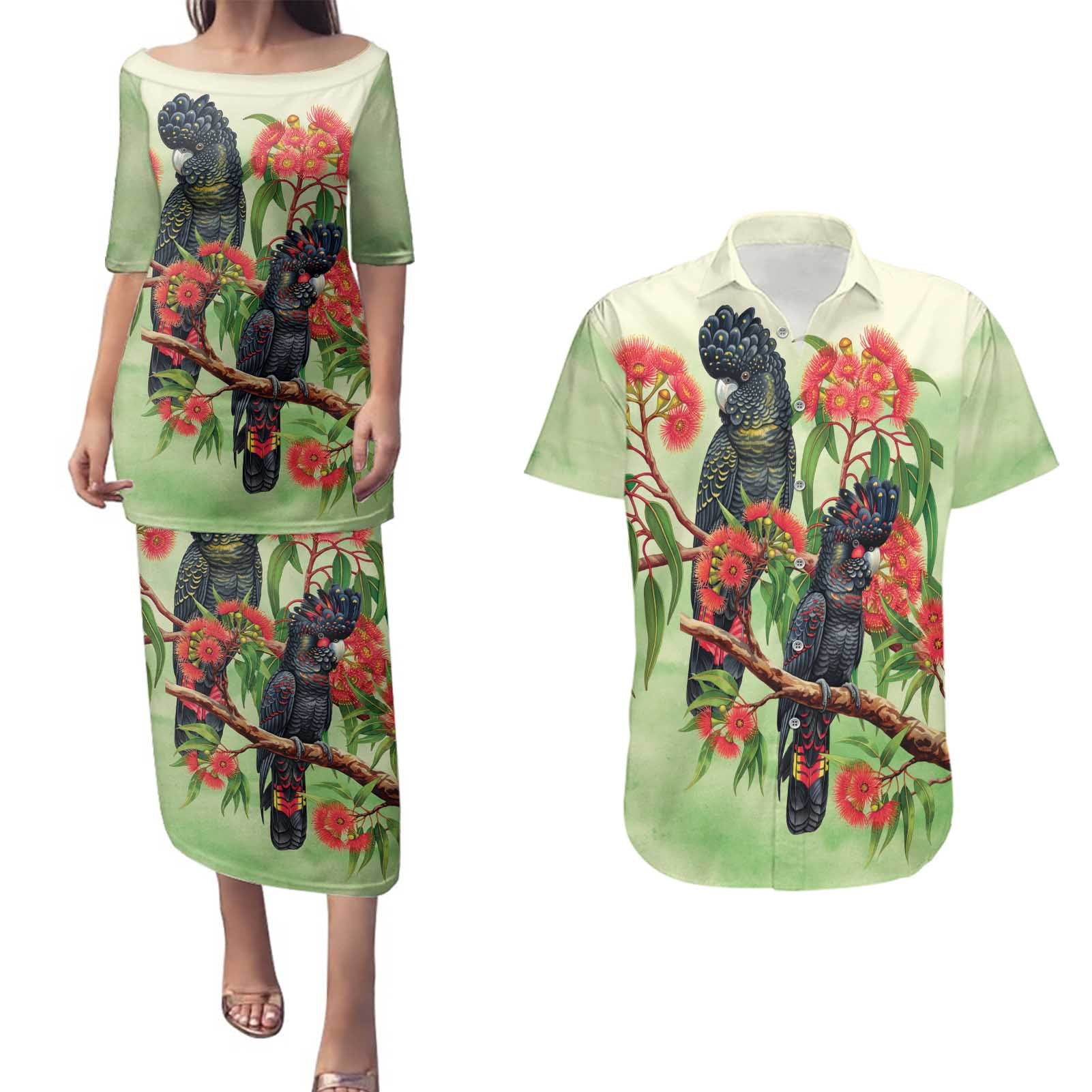 Australia Black Cockatoo and Eucalyptus Couples Matching Puletasi and Hawaiian Shirt Green Spirit of Aussie Native Bird - Aussie Hoodie
