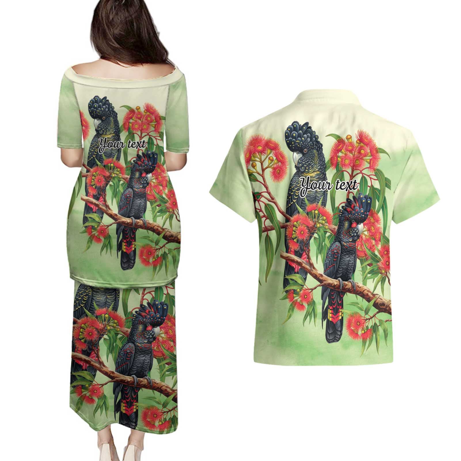 Australia Black Cockatoo and Eucalyptus Couples Matching Puletasi and Hawaiian Shirt Green Spirit of Aussie Native Bird - Aussie Hoodie