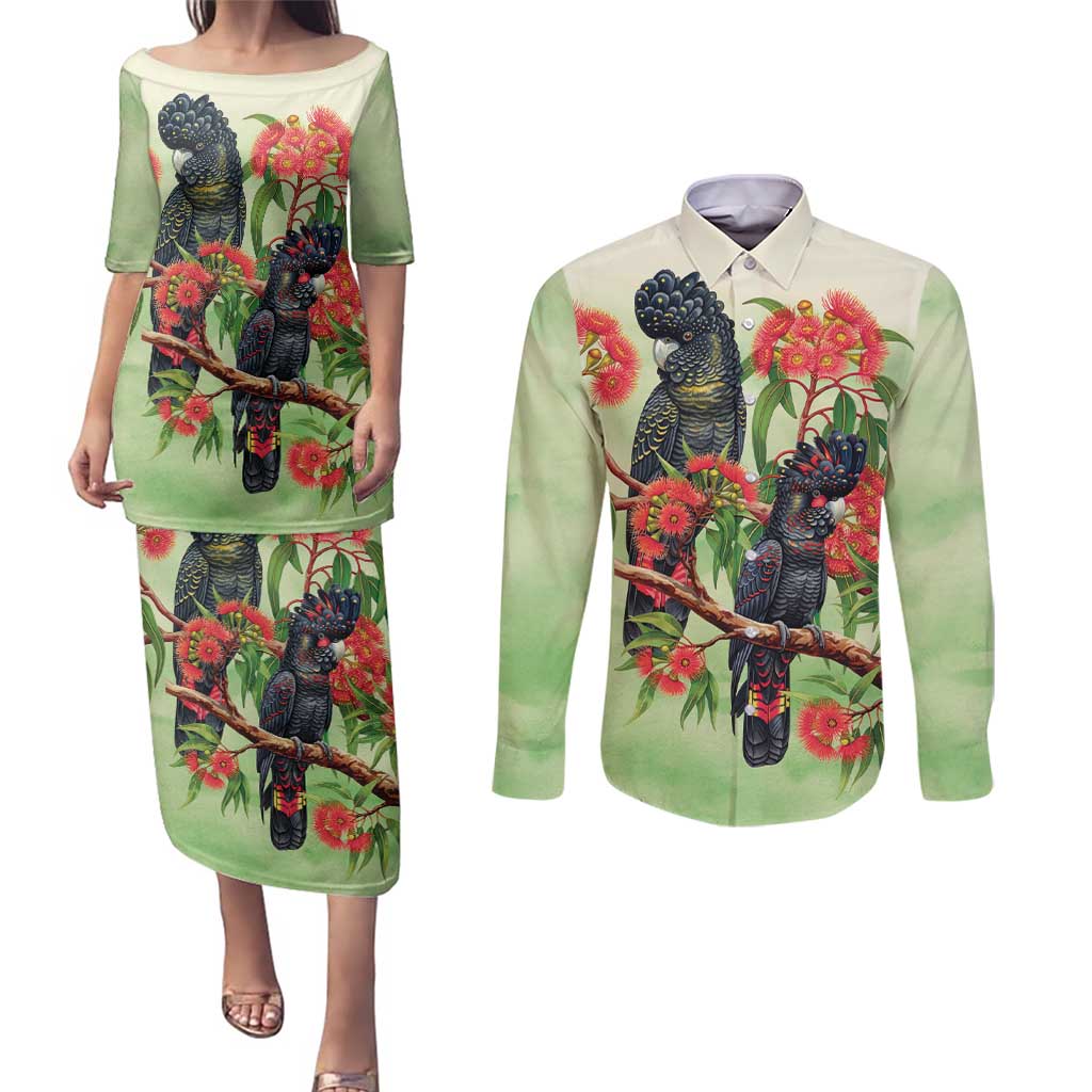 Australia Black Cockatoo and Eucalyptus Couples Matching Puletasi and Long Sleeve Button Shirt Green Spirit of Aussie Native Bird - Aussie Hoodie