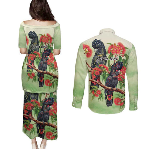 Australia Black Cockatoo and Eucalyptus Couples Matching Puletasi and Long Sleeve Button Shirt Green Spirit of Aussie Native Bird - Aussie Hoodie