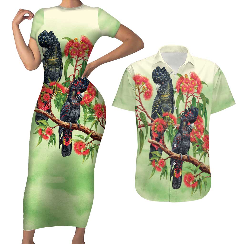 Australia Black Cockatoo and Eucalyptus Couples Matching Short Sleeve Bodycon Dress and Hawaiian Shirt Green Spirit of Aussie Native Bird - Aussie Hoodie