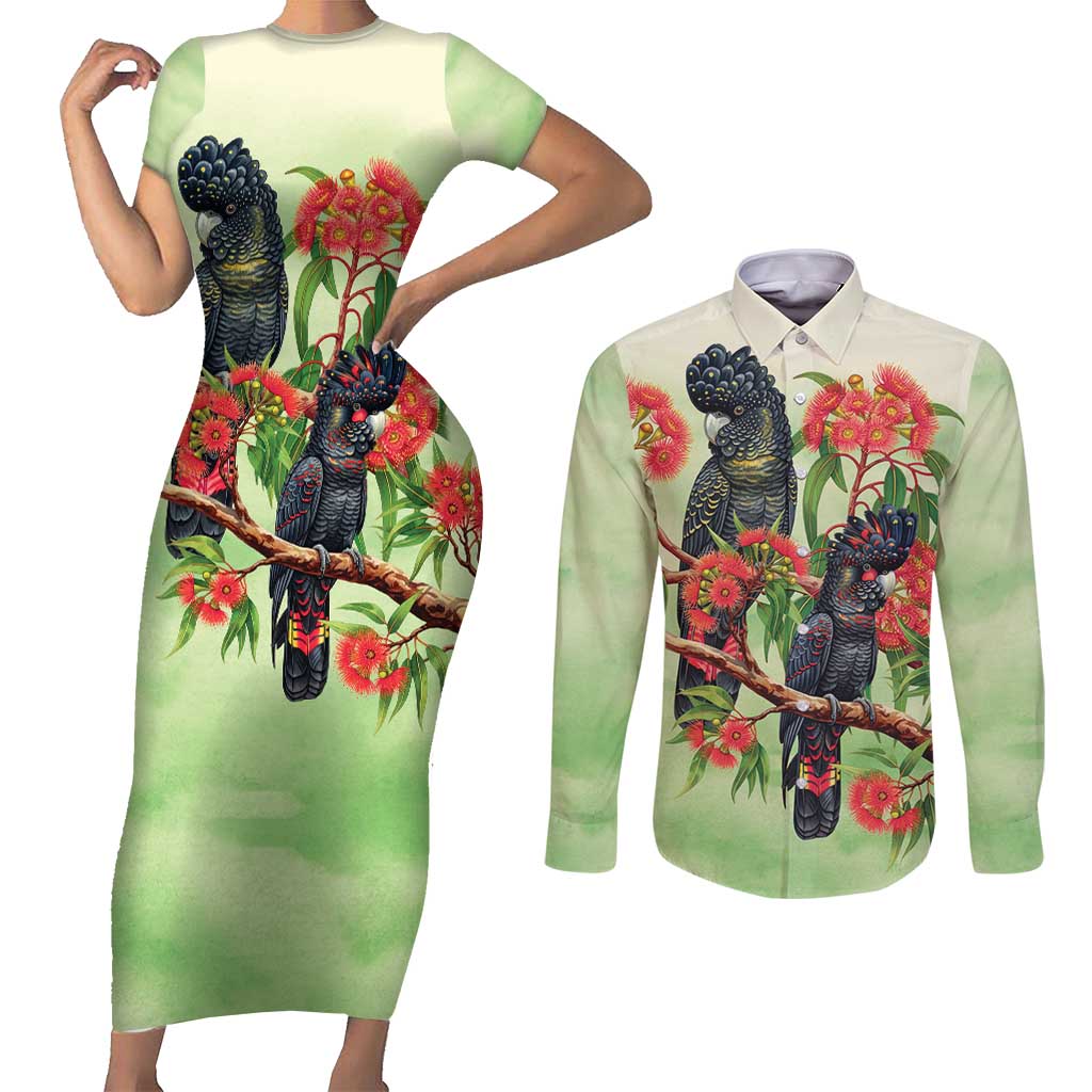 Australia Black Cockatoo and Eucalyptus Couples Matching Short Sleeve Bodycon Dress and Long Sleeve Button Shirt Green Spirit of Aussie Native Bird - Aussie Hoodie