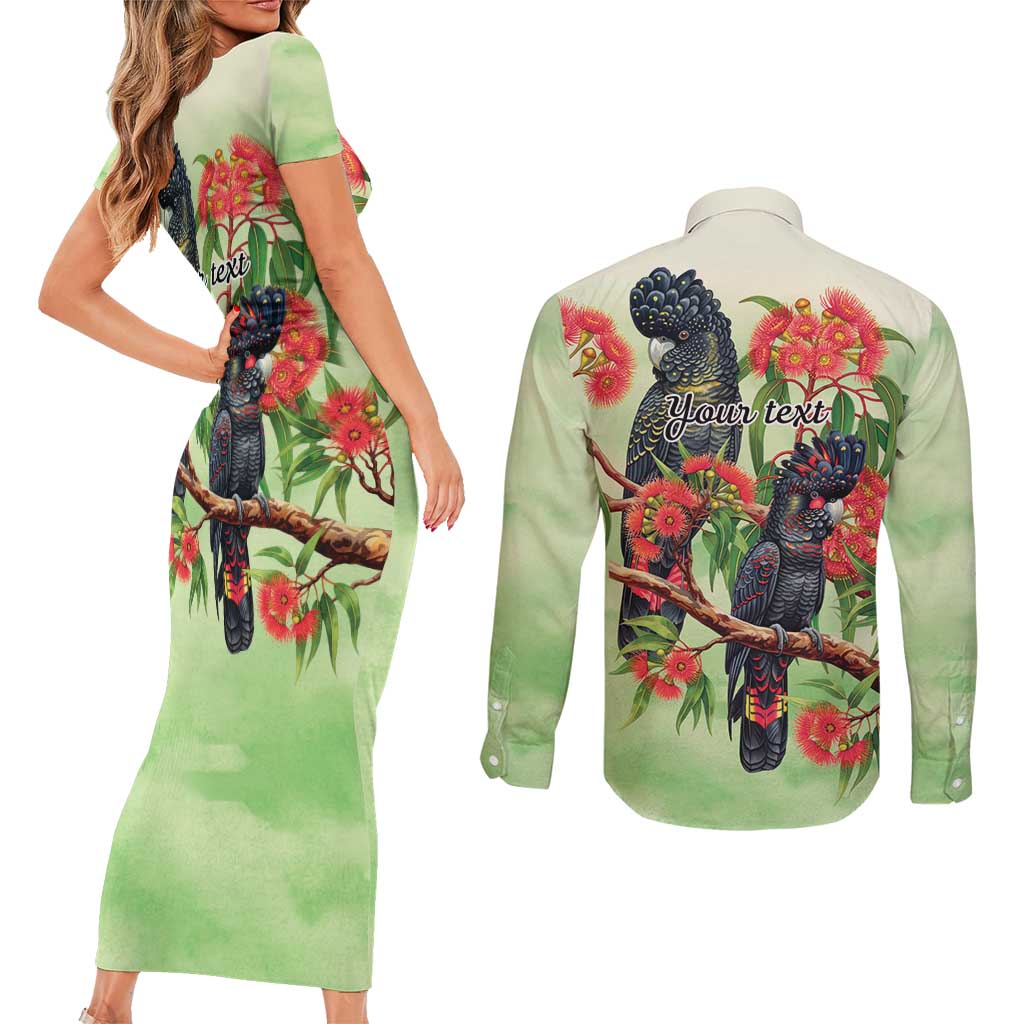 Australia Black Cockatoo and Eucalyptus Couples Matching Short Sleeve Bodycon Dress and Long Sleeve Button Shirt Green Spirit of Aussie Native Bird - Aussie Hoodie
