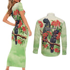 Australia Black Cockatoo and Eucalyptus Couples Matching Short Sleeve Bodycon Dress and Long Sleeve Button Shirt Green Spirit of Aussie Native Bird - Aussie Hoodie