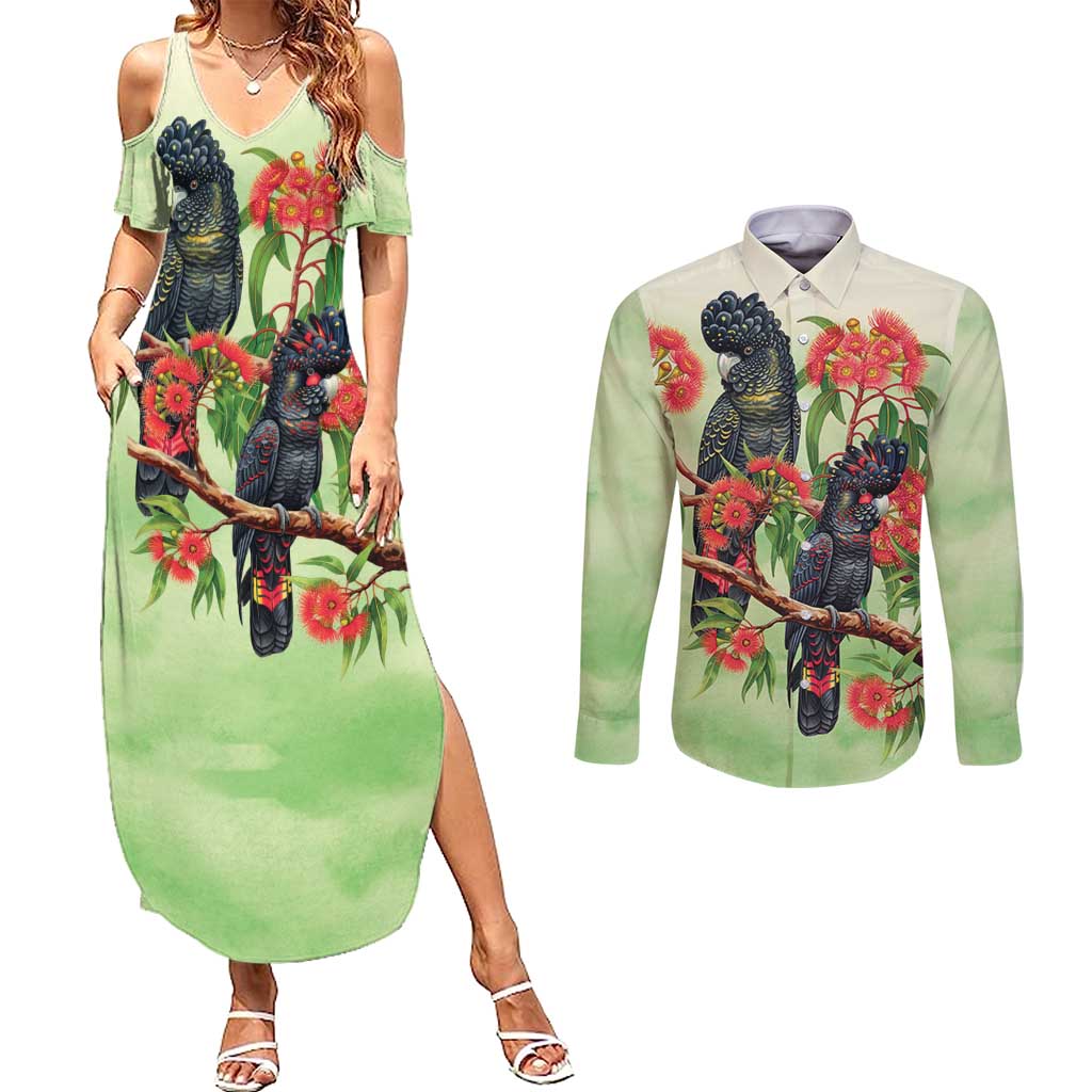 Australia Black Cockatoo and Eucalyptus Couples Matching Summer Maxi Dress and Long Sleeve Button Shirt Green Spirit of Aussie Native Bird - Aussie Hoodie
