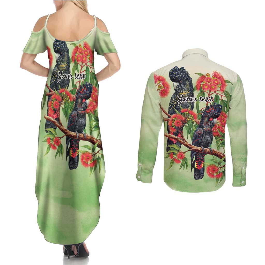 Australia Black Cockatoo and Eucalyptus Couples Matching Summer Maxi Dress and Long Sleeve Button Shirt Green Spirit of Aussie Native Bird - Aussie Hoodie