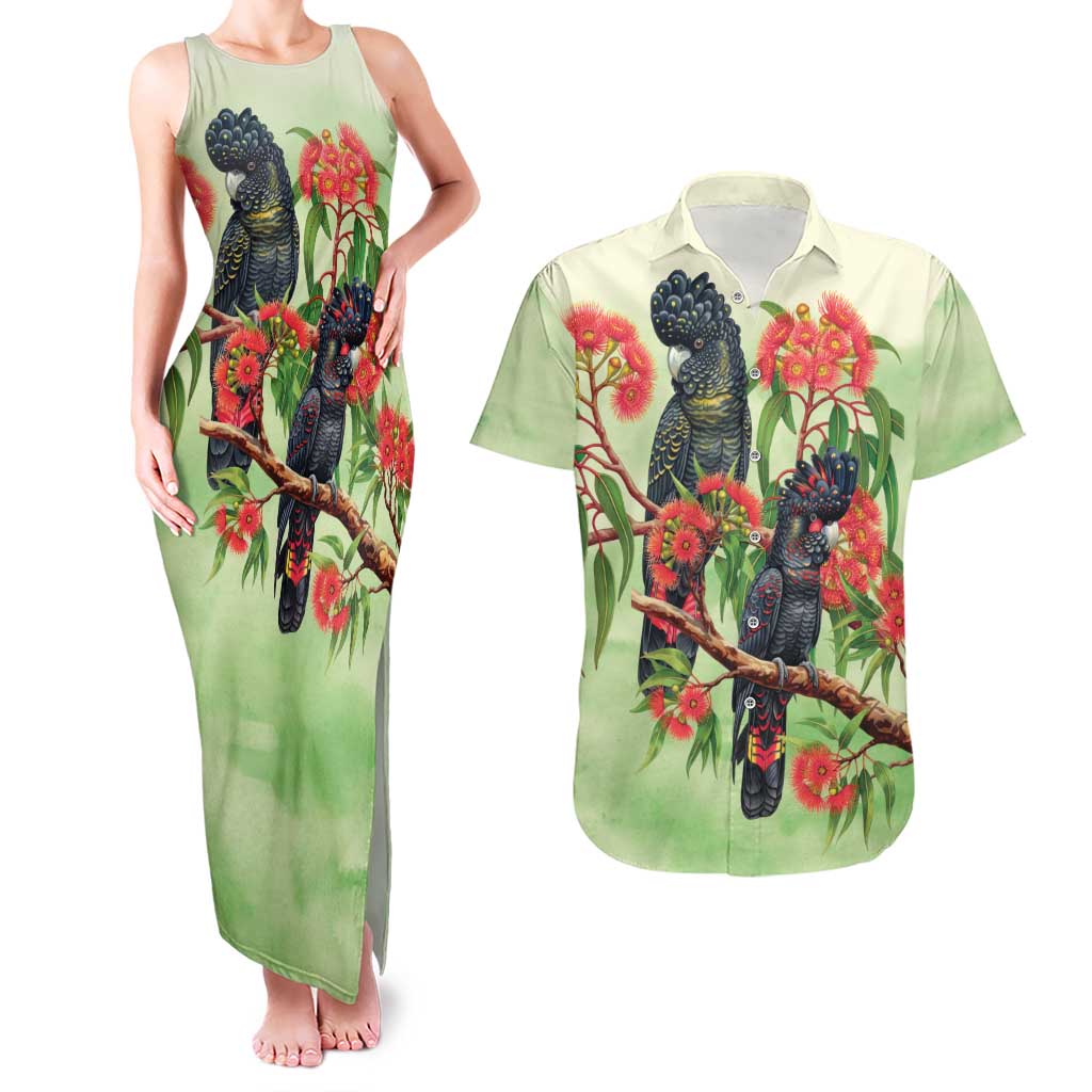 Australia Black Cockatoo and Eucalyptus Couples Matching Tank Maxi Dress and Hawaiian Shirt Green Spirit of Aussie Native Bird - Aussie Hoodie