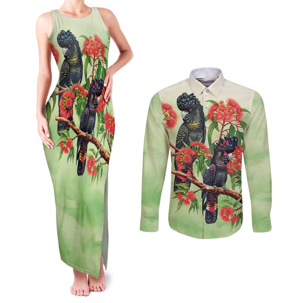 Australia Black Cockatoo and Eucalyptus Couples Matching Tank Maxi Dress and Long Sleeve Button Shirt Green Spirit of Aussie Native Bird - Aussie Hoodie