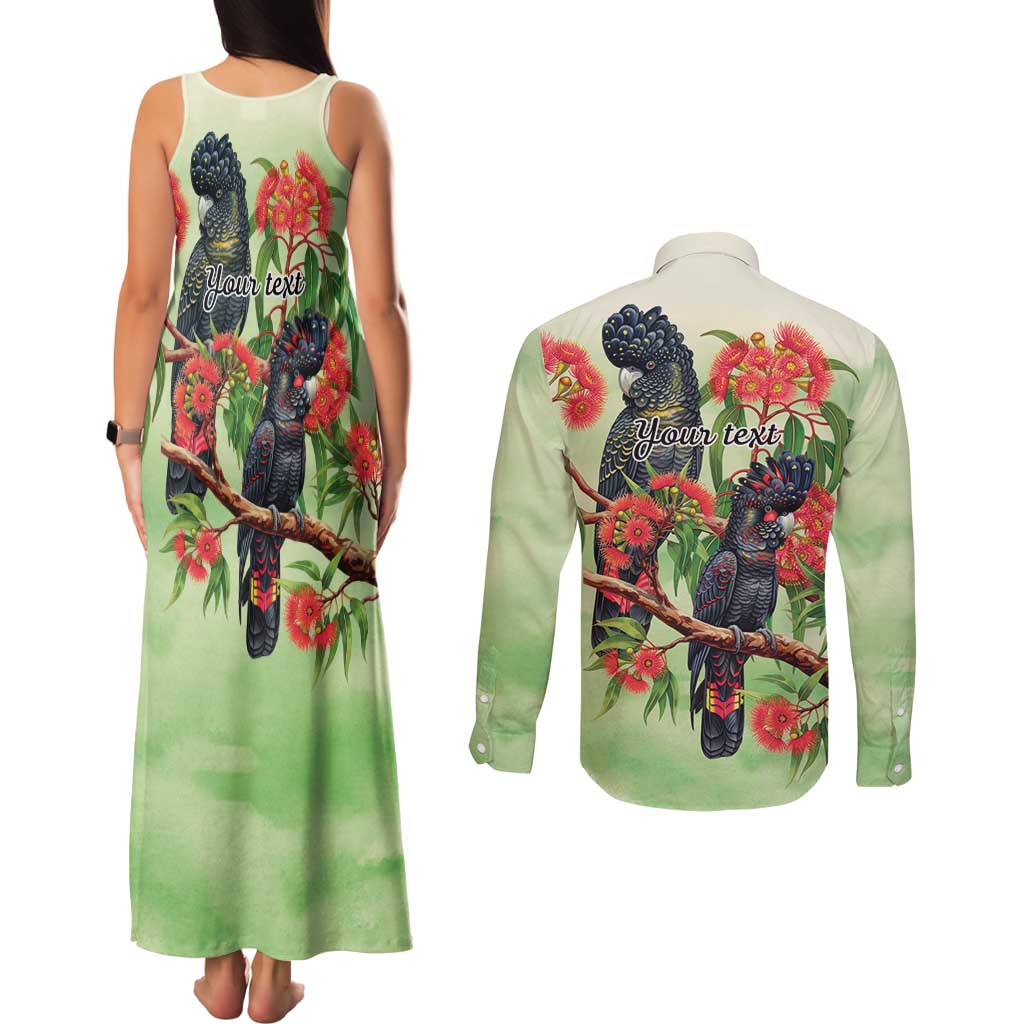 Australia Black Cockatoo and Eucalyptus Couples Matching Tank Maxi Dress and Long Sleeve Button Shirt Green Spirit of Aussie Native Bird - Aussie Hoodie
