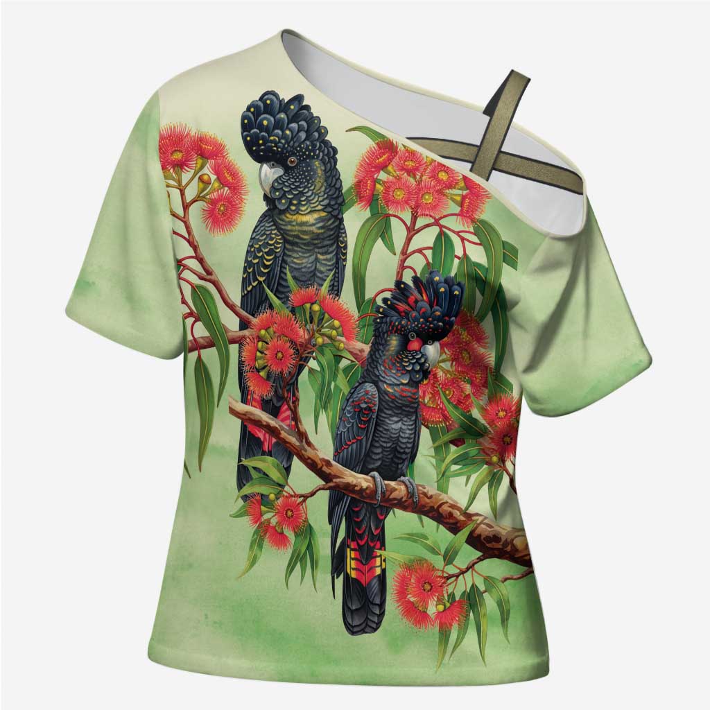 Australia Black Cockatoo and Eucalyptus Cross Shoulder Shirt Green Spirit of Aussie Native Bird - Aussie Hoodie