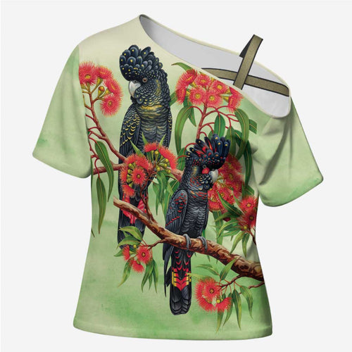 Australia Black Cockatoo and Eucalyptus Cross Shoulder Shirt Green Spirit of Aussie Native Bird - Aussie Hoodie
