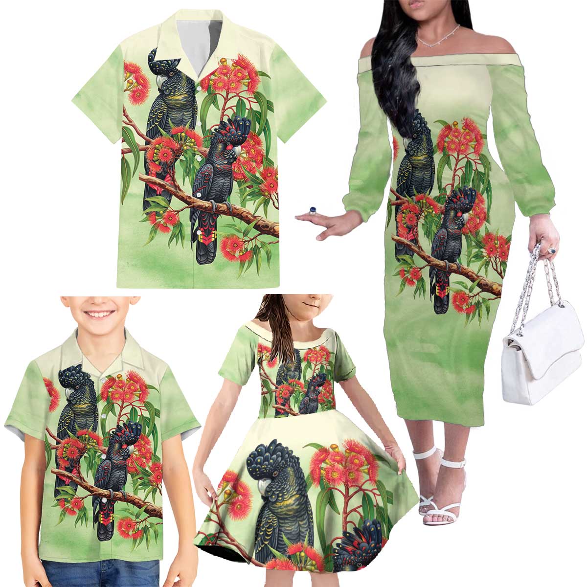 Australia Black Cockatoo and Eucalyptus Family Matching Off The Shoulder Long Sleeve Dress and Hawaiian Shirt Green Spirit of Aussie Native Bird - Aussie Hoodie