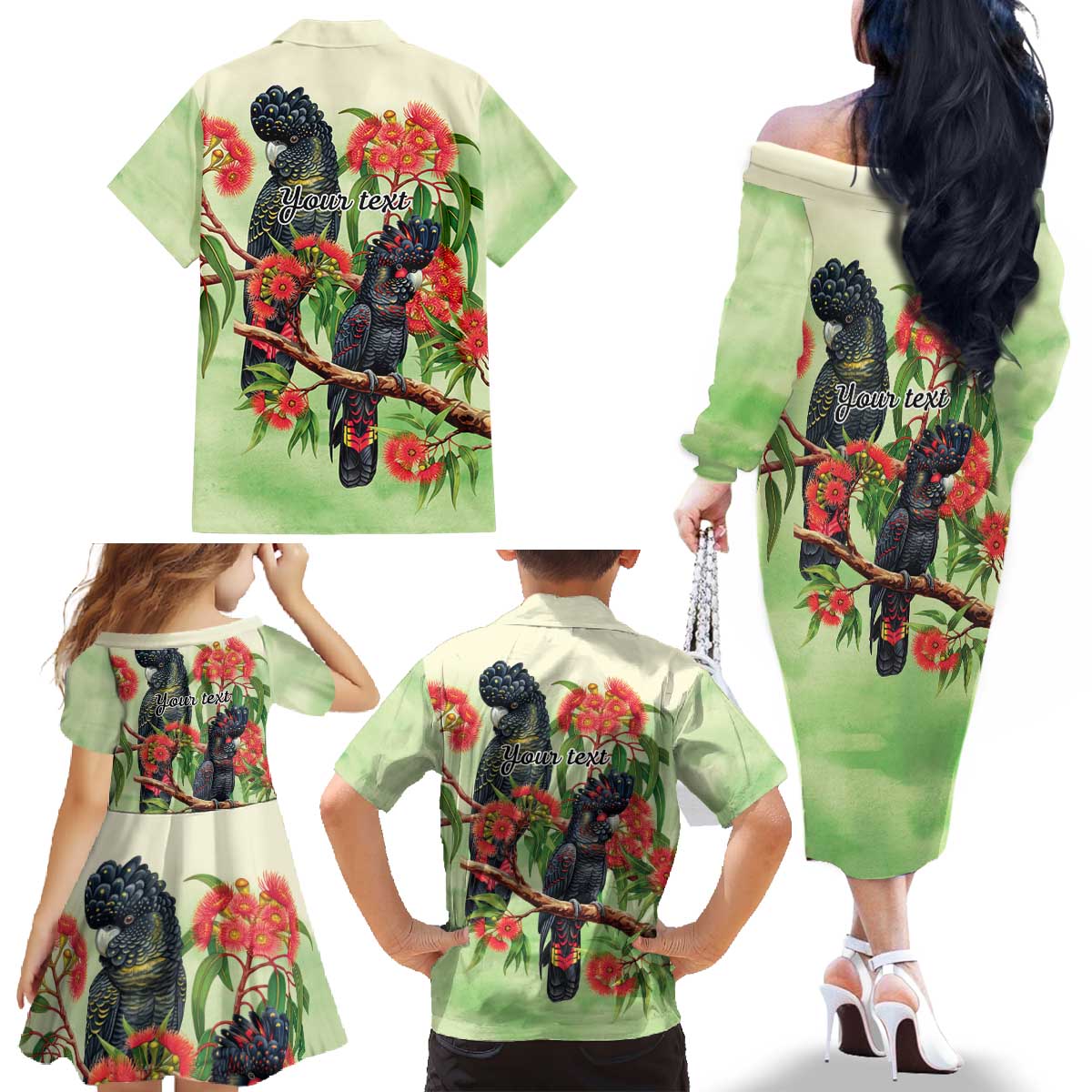 Australia Black Cockatoo and Eucalyptus Family Matching Off The Shoulder Long Sleeve Dress and Hawaiian Shirt Green Spirit of Aussie Native Bird - Aussie Hoodie