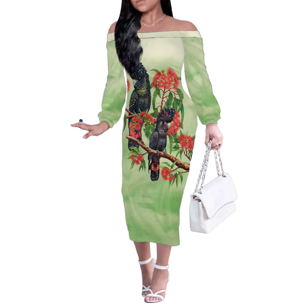 Australia Black Cockatoo and Eucalyptus Family Matching Off The Shoulder Long Sleeve Dress and Hawaiian Shirt Green Spirit of Aussie Native Bird - Aussie Hoodie