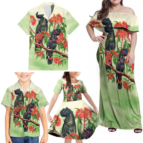 Australia Black Cockatoo and Eucalyptus Family Matching Off Shoulder Maxi Dress and Hawaiian Shirt Green Spirit of Aussie Native Bird - Aussie Hoodie