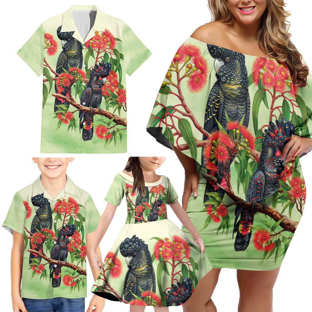 Australia Black Cockatoo and Eucalyptus Family Matching Off Shoulder Short Dress and Hawaiian Shirt Green Spirit of Aussie Native Bird - Aussie Hoodie