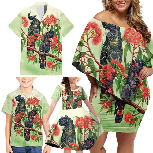 Australia Black Cockatoo and Eucalyptus Family Matching Off Shoulder Short Dress and Hawaiian Shirt Green Spirit of Aussie Native Bird - Aussie Hoodie