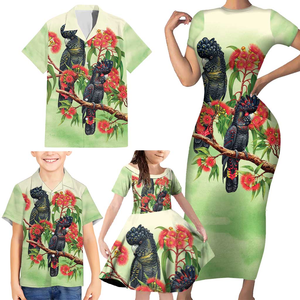 Australia Black Cockatoo and Eucalyptus Family Matching Short Sleeve Bodycon Dress and Hawaiian Shirt Green Spirit of Aussie Native Bird - Aussie Hoodie