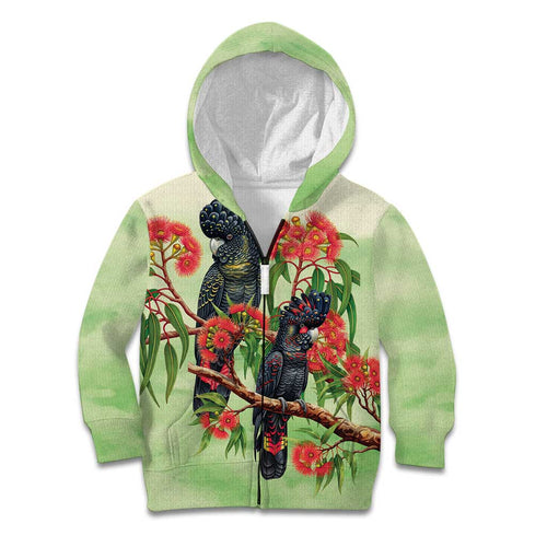 Australia Black Cockatoo and Eucalyptus Kid Hoodie Green Spirit of Aussie Native Bird - Aussie Hoodie