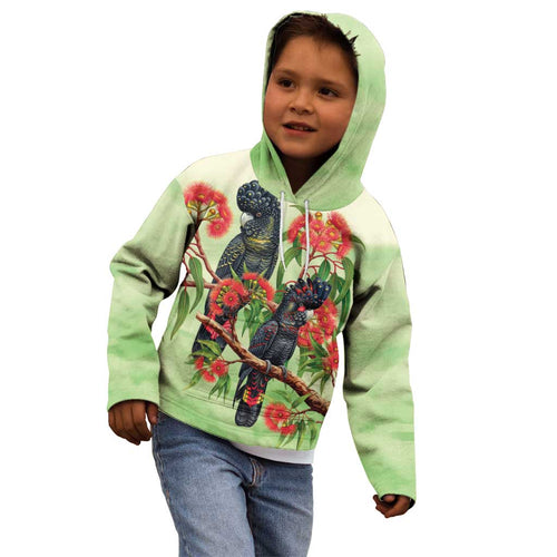 Australia Black Cockatoo and Eucalyptus Kid Hoodie Green Spirit of Aussie Native Bird - Aussie Hoodie