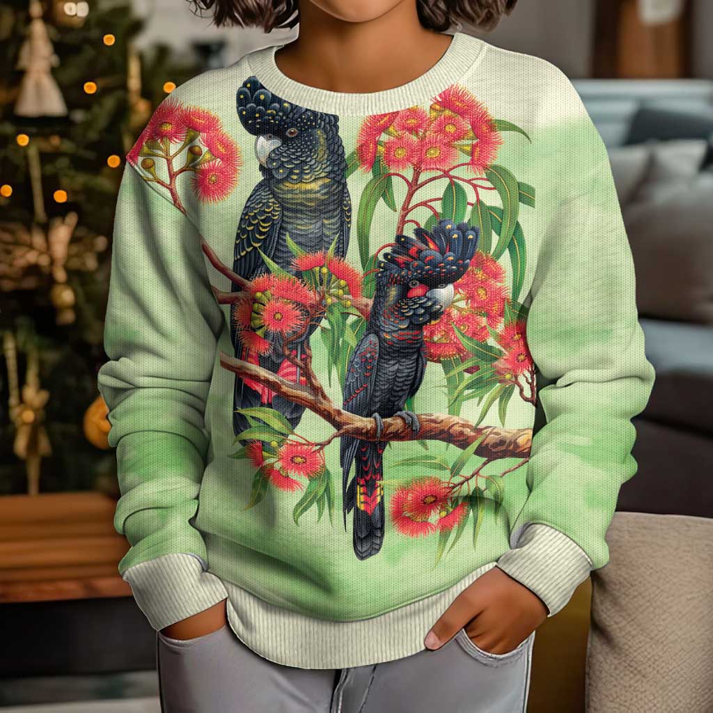 Australia Black Cockatoo and Eucalyptus Kid Ugly Christmas Sweater Green Spirit of Aussie Native Bird - Aussie Hoodie