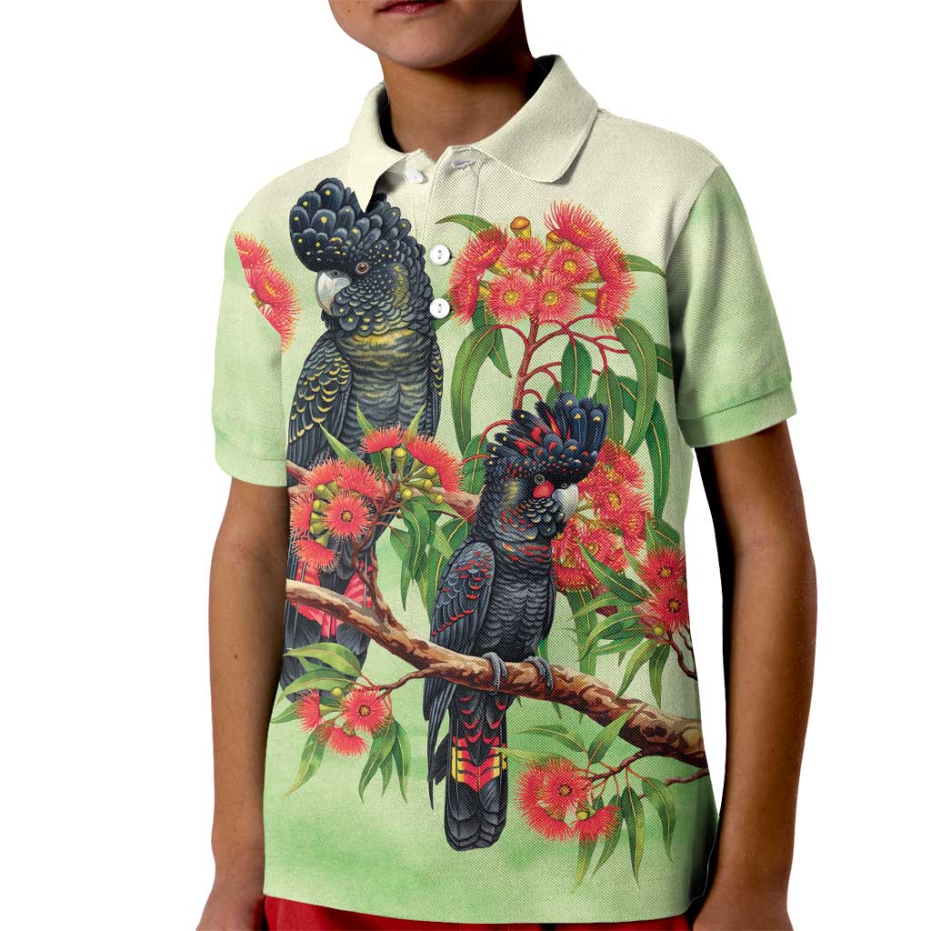 Australia Black Cockatoo and Eucalyptus Kid Polo Shirt Green Spirit of Aussie Native Bird - Aussie Hoodie