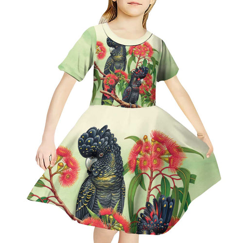 Australia Black Cockatoo and Eucalyptus Kid Short Sleeve Dress Green Spirit of Aussie Native Bird - Aussie Hoodie