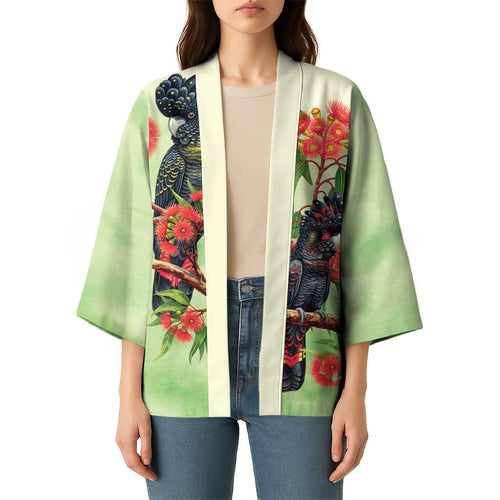 Australia Black Cockatoo and Eucalyptus Kimono Green Spirit of Aussie Native Bird - Aussie Hoodie