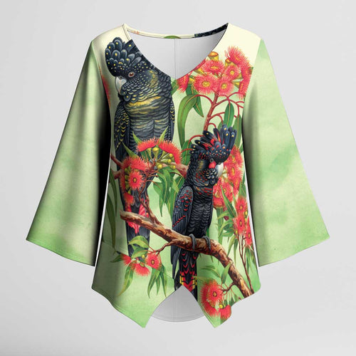 Australia Black Cockatoo and Eucalyptus Kimono Sleeve Blouse Green Spirit of Aussie Native Bird - Aussie Hoodie