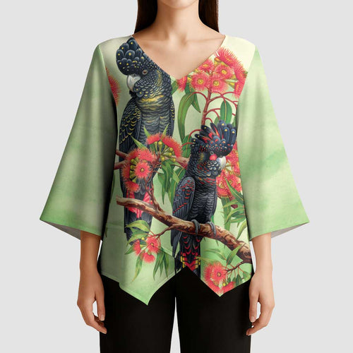 Australia Black Cockatoo and Eucalyptus Kimono Sleeve Blouse Green Spirit of Aussie Native Bird - Aussie Hoodie