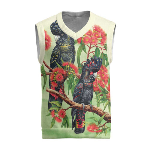Australia Black Cockatoo and Eucalyptus Christmas Knitted V-Neck Vest Green Spirit of Aussie Native Bird - Aussie Hoodie