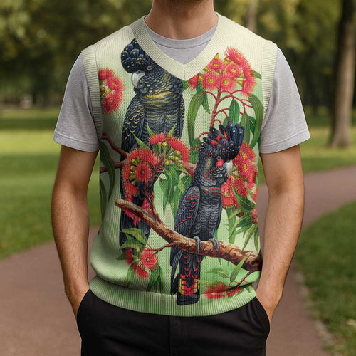 Australia Black Cockatoo and Eucalyptus Christmas Knitted V-Neck Vest Green Spirit of Aussie Native Bird - Aussie Hoodie