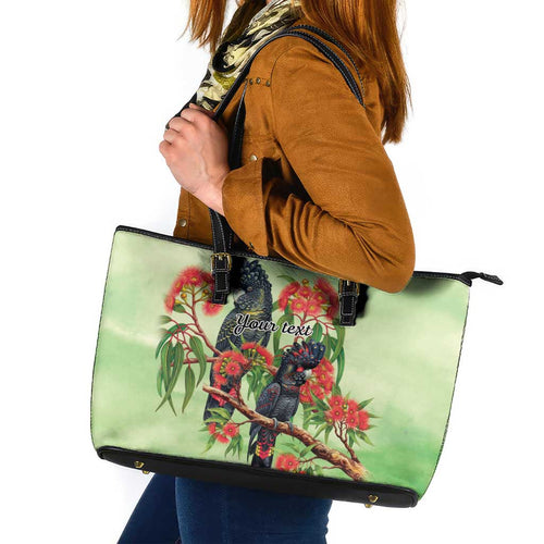 Australia Black Cockatoo and Eucalyptus Leather Tote Bag Green Spirit of Aussie Native Bird - Aussie Hoodie