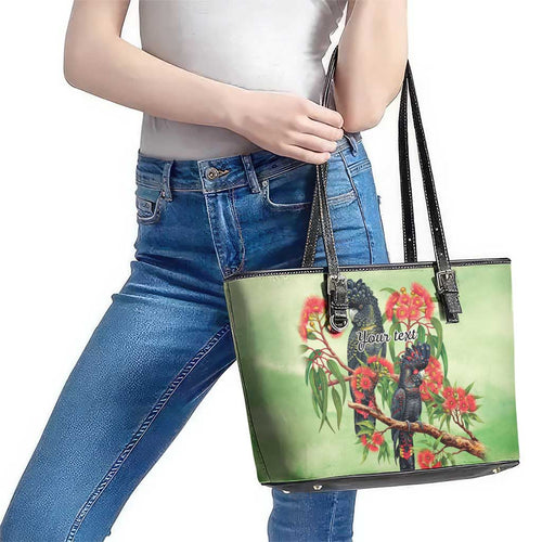 Australia Black Cockatoo and Eucalyptus Leather Tote Bag Green Spirit of Aussie Native Bird - Aussie Hoodie