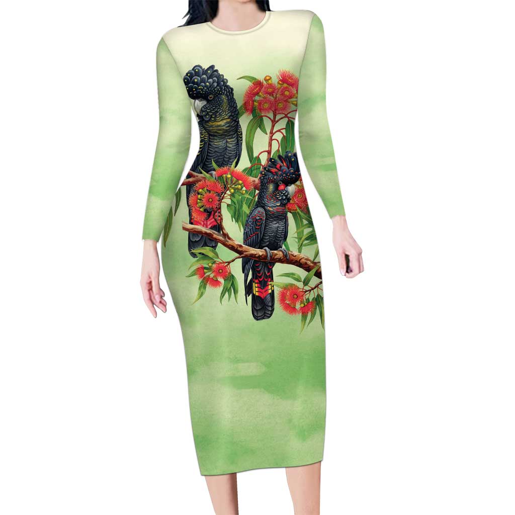 Australia Black Cockatoo and Eucalyptus Long Sleeve Bodycon Dress Green Spirit of Aussie Native Bird - Aussie Hoodie