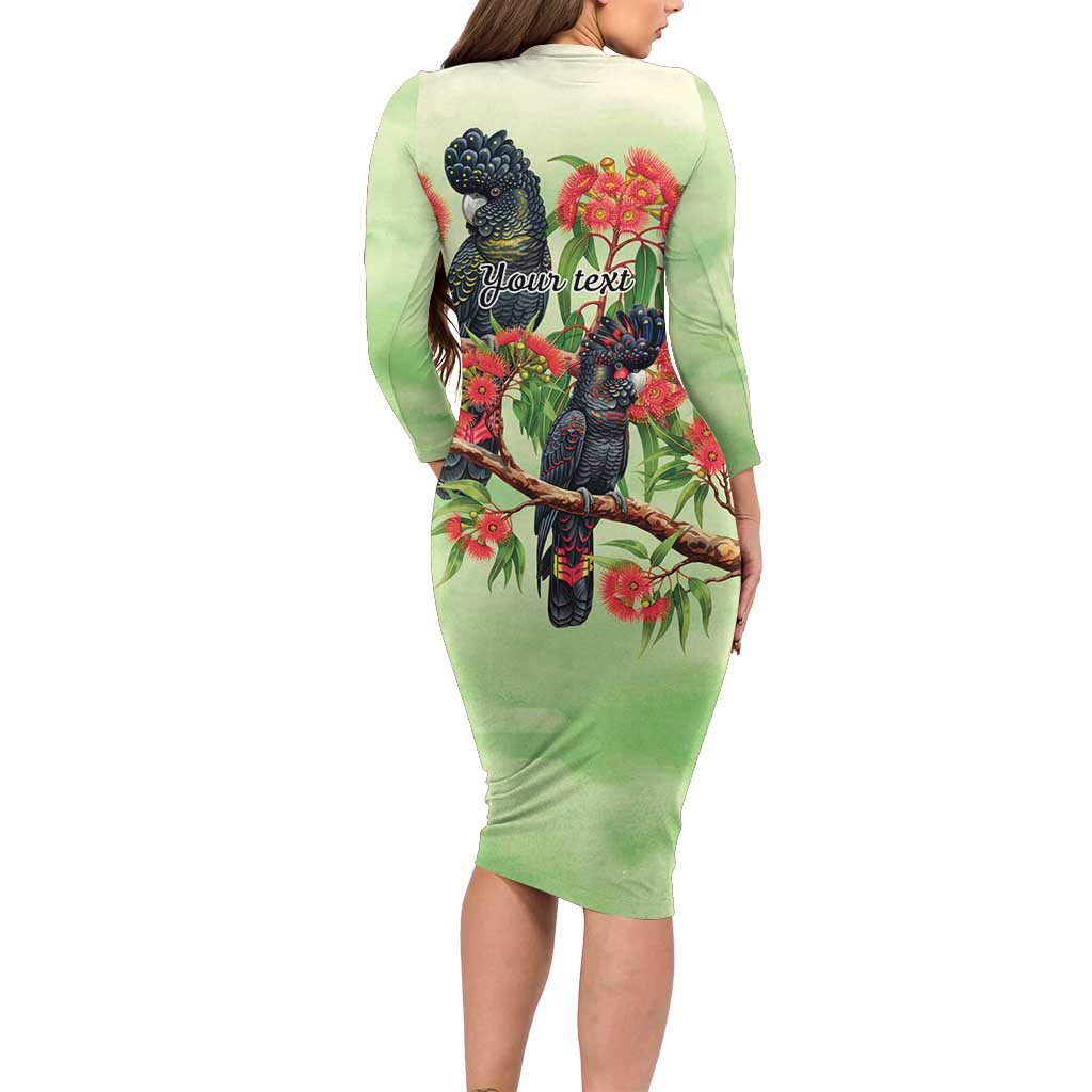 Australia Black Cockatoo and Eucalyptus Long Sleeve Bodycon Dress Green Spirit of Aussie Native Bird - Aussie Hoodie