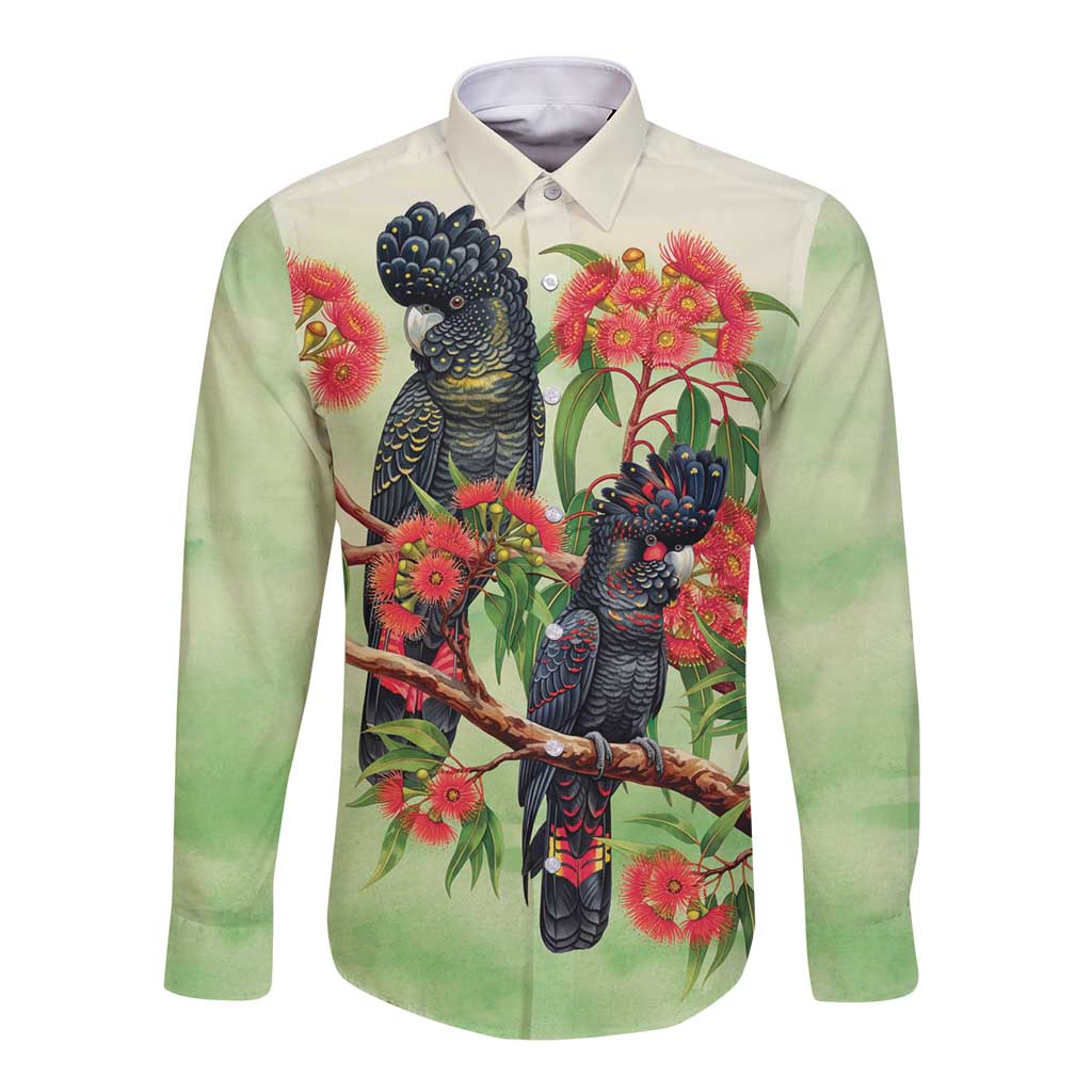 Australia Black Cockatoo and Eucalyptus Long Sleeve Button Shirt Green Spirit of Aussie Native Bird - Aussie Hoodie