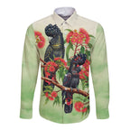 Australia Black Cockatoo and Eucalyptus Long Sleeve Button Shirt Green Spirit of Aussie Native Bird - Aussie Hoodie