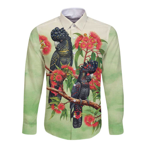 Australia Black Cockatoo and Eucalyptus Long Sleeve Button Shirt Green Spirit of Aussie Native Bird - Aussie Hoodie