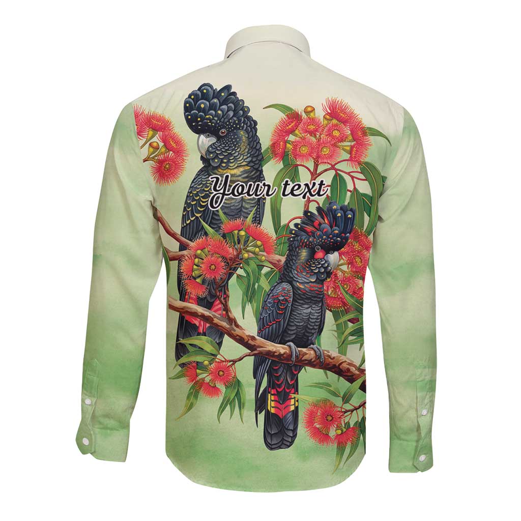 Australia Black Cockatoo and Eucalyptus Long Sleeve Button Shirt Green Spirit of Aussie Native Bird - Aussie Hoodie