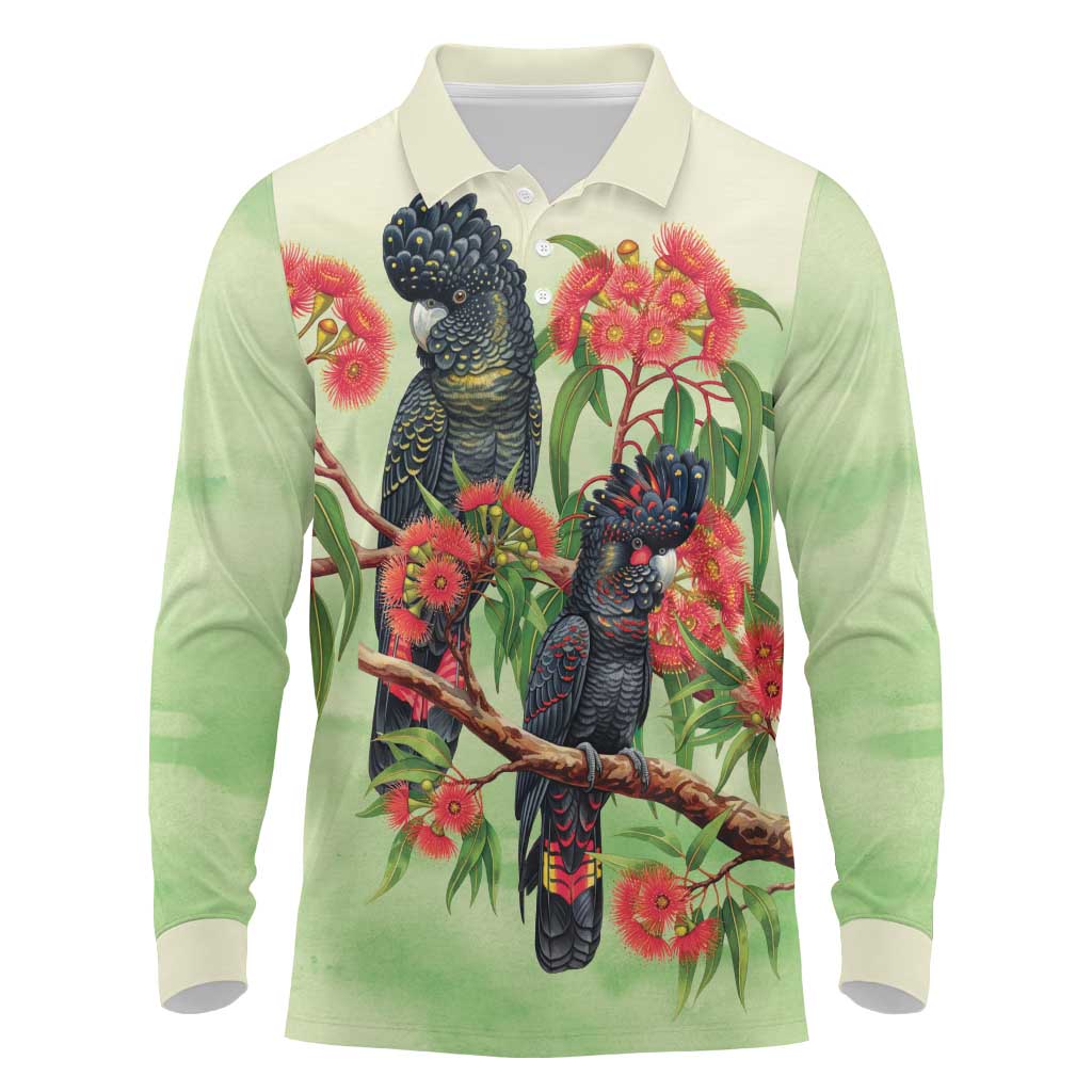 Australia Black Cockatoo and Eucalyptus Long Sleeve Polo Shirt Green Spirit of Aussie Native Bird - Aussie Hoodie