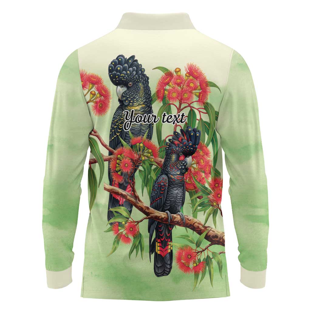 Australia Black Cockatoo and Eucalyptus Long Sleeve Polo Shirt Green Spirit of Aussie Native Bird - Aussie Hoodie