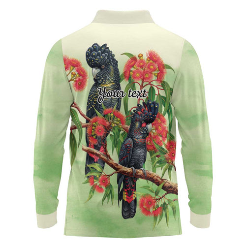 Australia Black Cockatoo and Eucalyptus Long Sleeve Polo Shirt Green Spirit of Aussie Native Bird - Aussie Hoodie