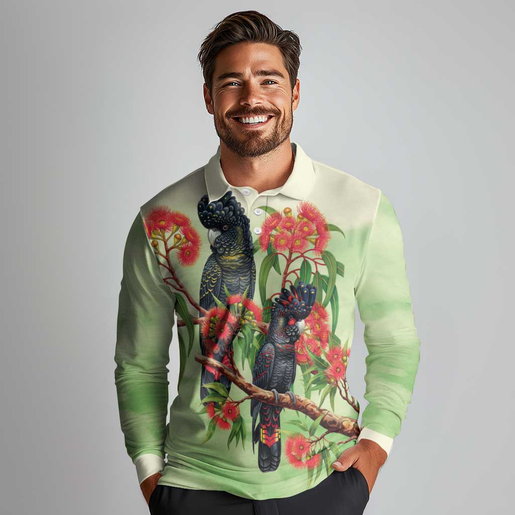 Australia Black Cockatoo and Eucalyptus Long Sleeve Polo Shirt Green Spirit of Aussie Native Bird - Aussie Hoodie