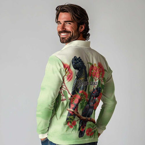 Australia Black Cockatoo and Eucalyptus Long Sleeve Polo Shirt Green Spirit of Aussie Native Bird - Aussie Hoodie